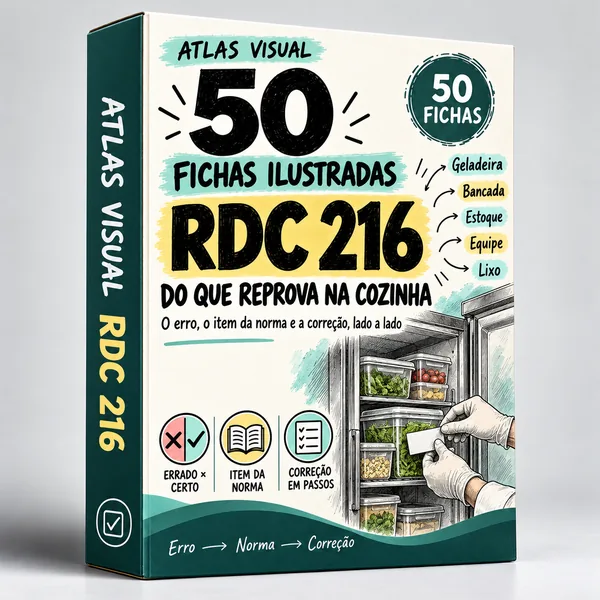 Capa do Atlas Visual RDC 216: 50 fichas ilustradas do que reprova na cozinha.