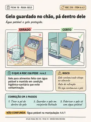 Ficha 18: saco de gelo no chão do freezer, pá guardada dentro do gelo