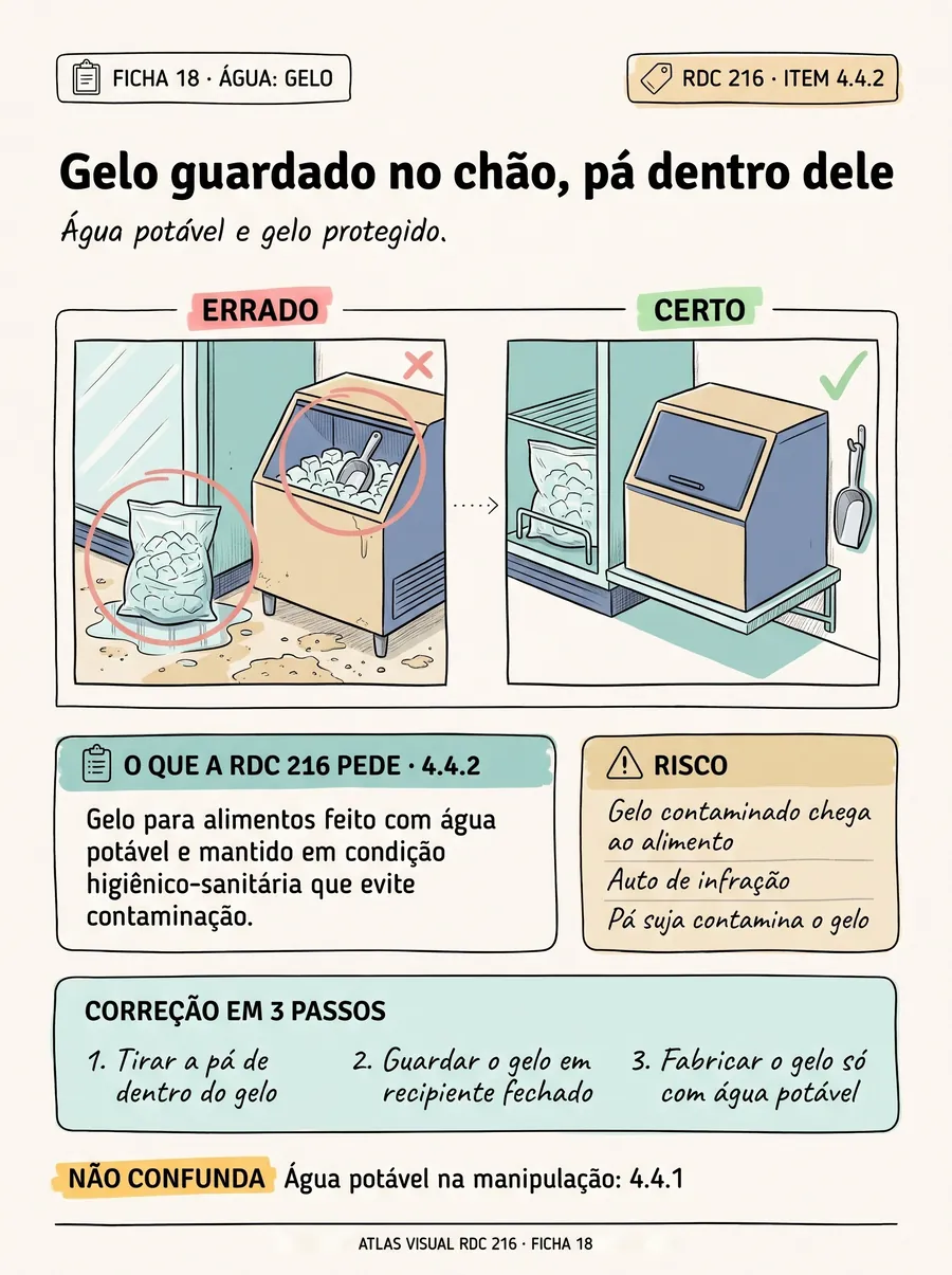 Ficha 18: saco de gelo no chão do freezer, pá guardada dentro do gelo