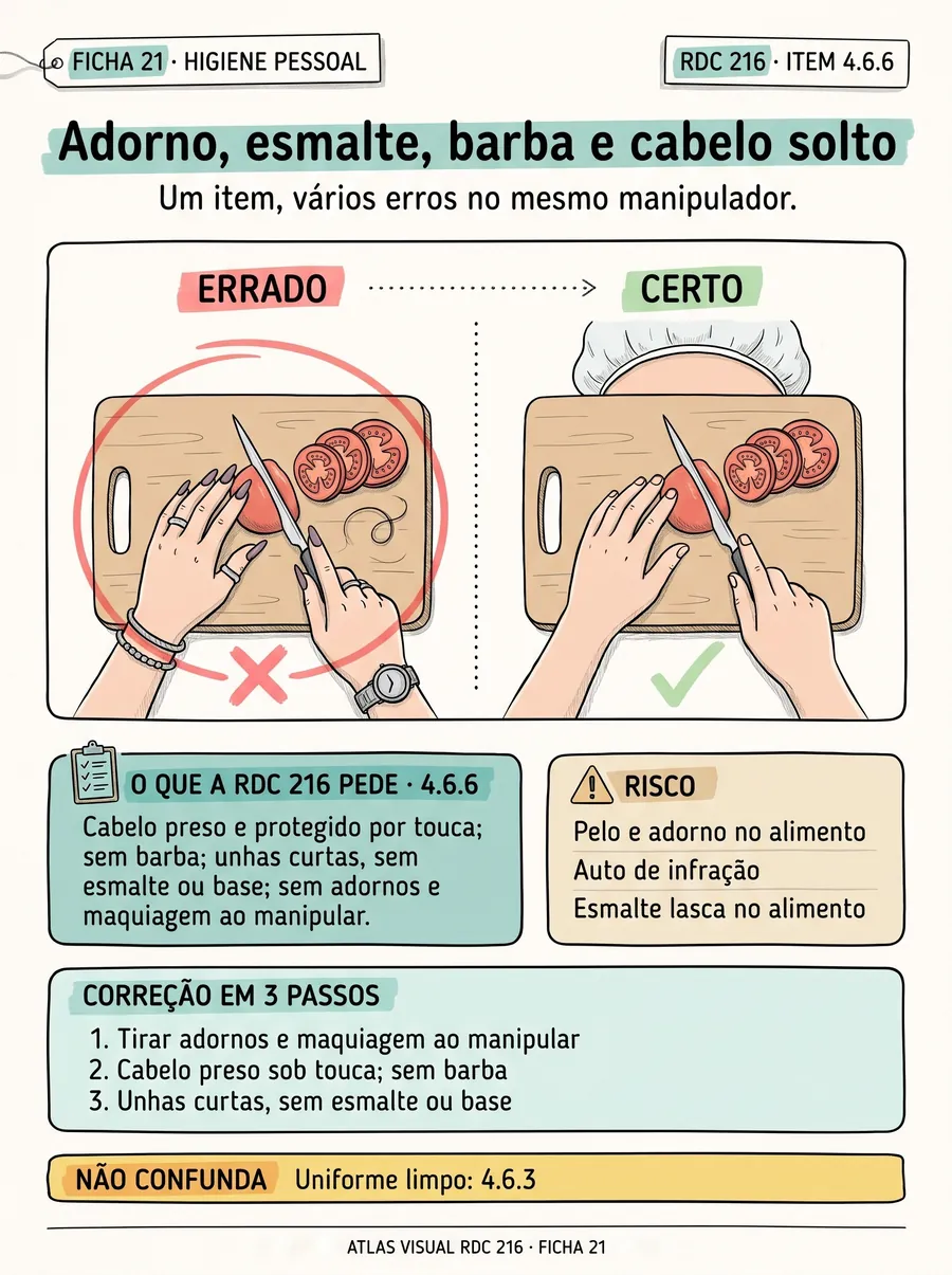 Ficha 21: aliança, relógio, unha pintada, cabelo fora da touca