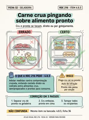 Ficha 32: carne crua pingando em cima de comida pronta na geladeira