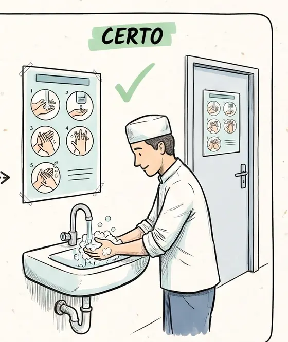 Recorte da ficha 24, lado certo: cozinheiro lavando as mãos com o cartaz de lavagem colado na parede.