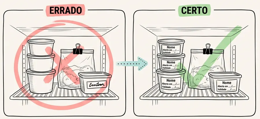 Recorte da ficha 29: à esquerda, potes abertos na geladeira sem etiqueta (errado); à direita, a mesma prateleira com cada pote etiquetado com nome, data de abertura e validade (certo).