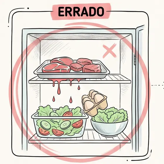 Recorte da ficha 32, lado errado: carne crua pingando em cima da salada na geladeira.